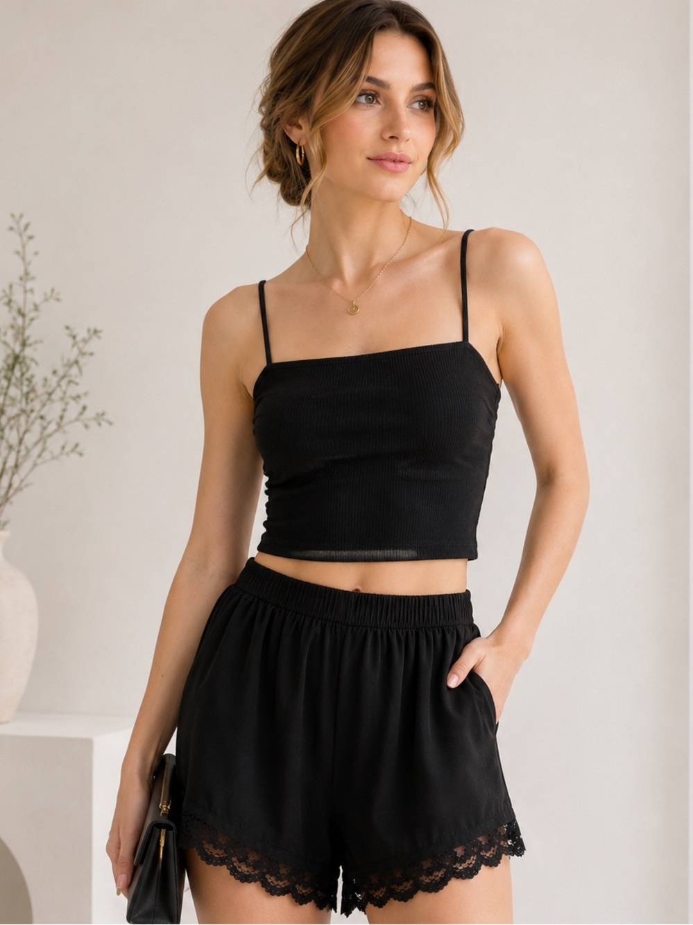 Lush Black Lace Trim Flowy Shorts | Coquette Lounge Mini Shorts